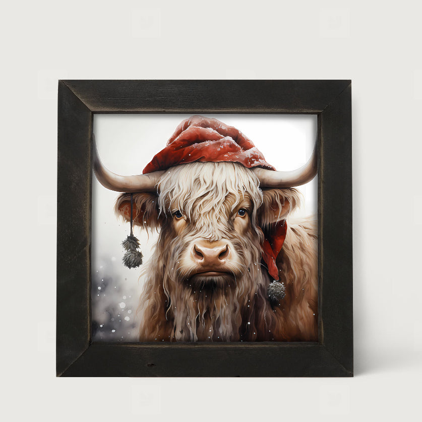 Highland cow with Santa hat - Framed art