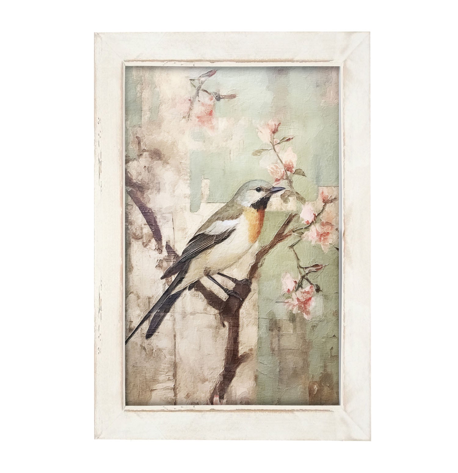 Red-breasted bird on branch - Framed Art