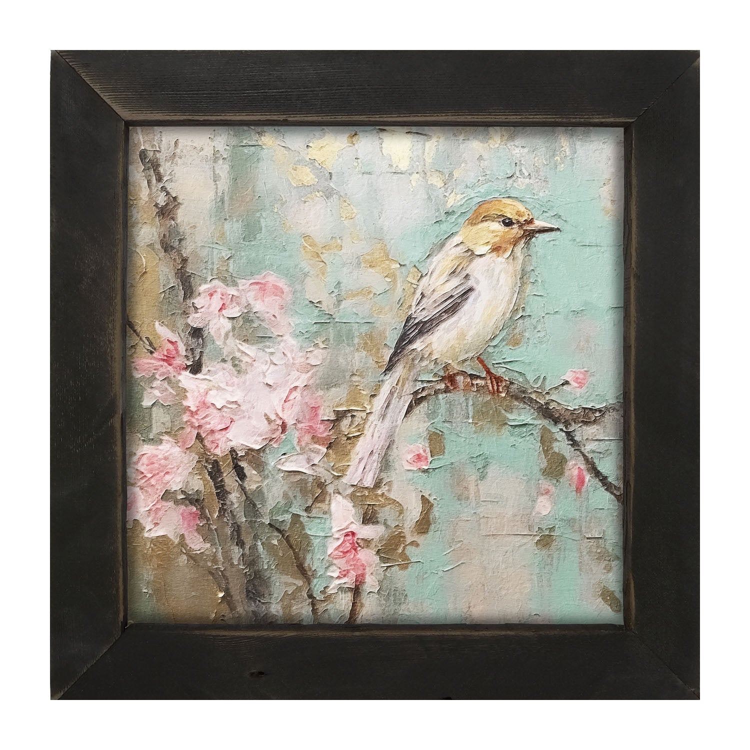 White-breasted bird on cherry blossom branch - Framed Art