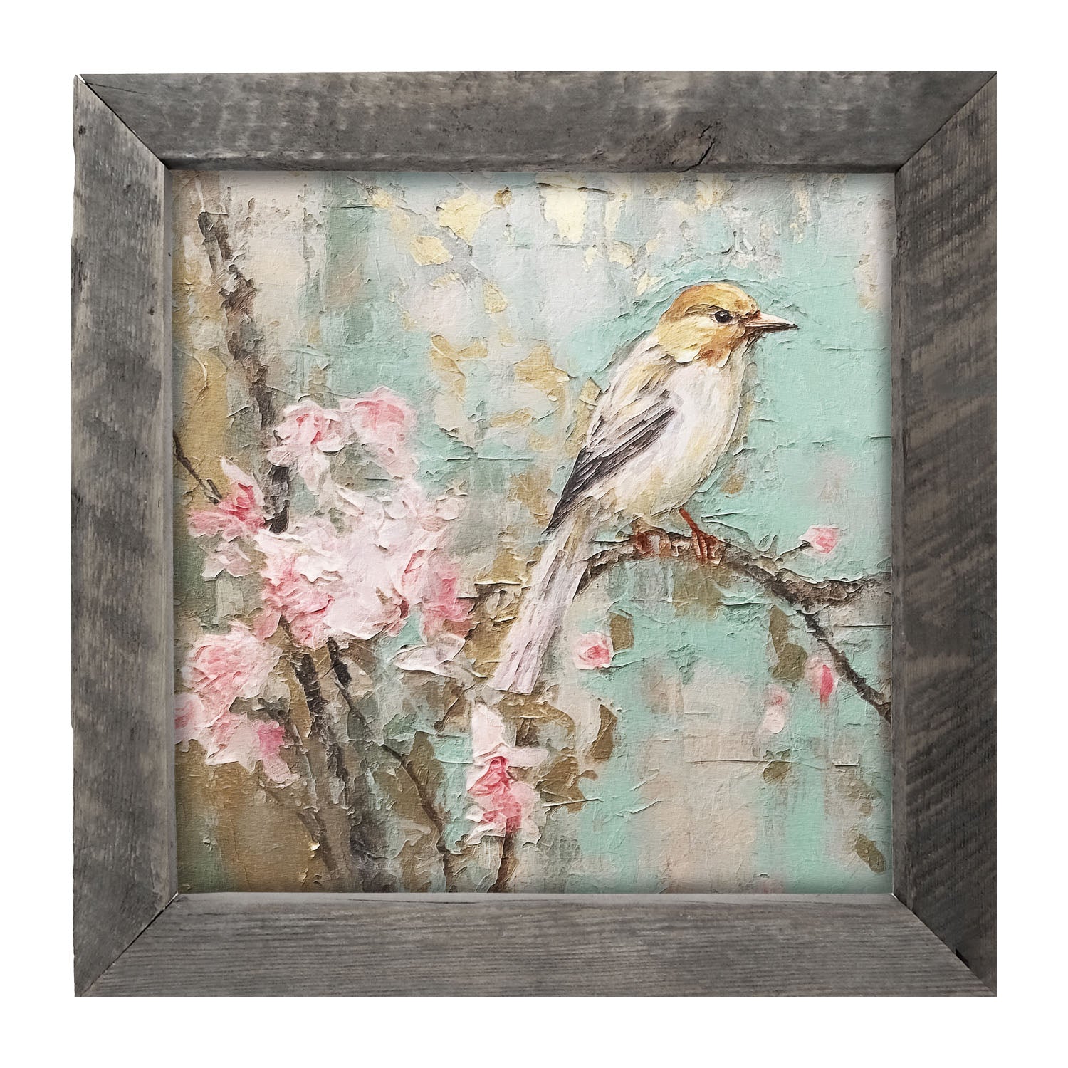 White-breasted bird on cherry blossom branch - Framed Art