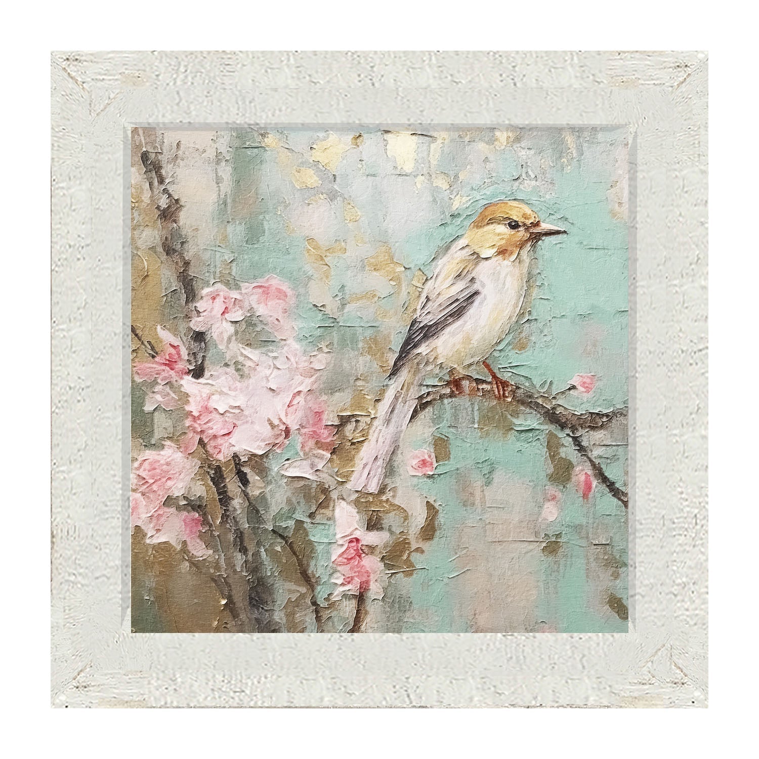 White-breasted bird on cherry blossom branch - Framed Art