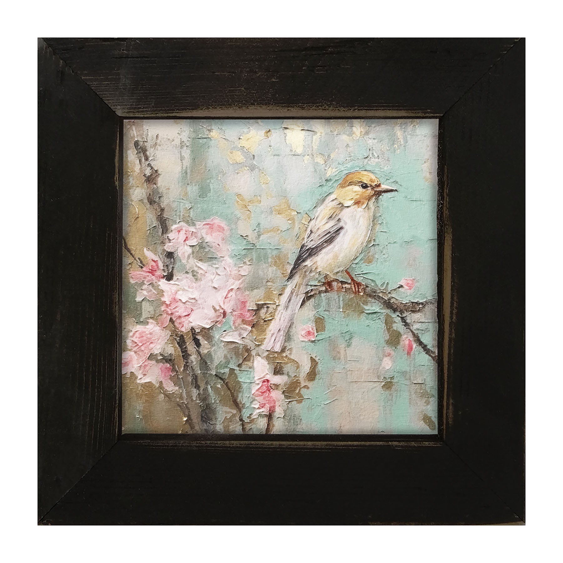 White-breasted bird on cherry blossom branch - Framed Art