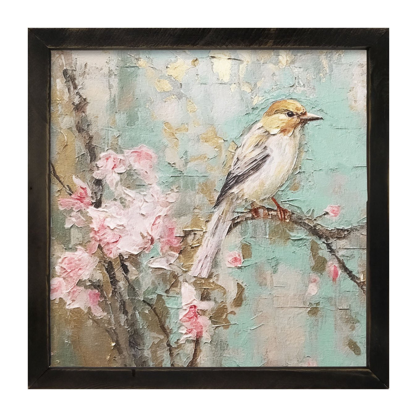 White-breasted bird on cherry blossom branch - Framed Art