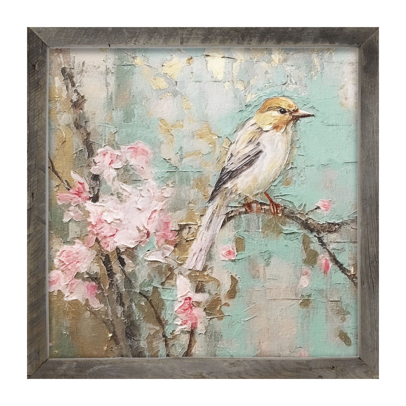 White-breasted bird on cherry blossom branch - Framed Art