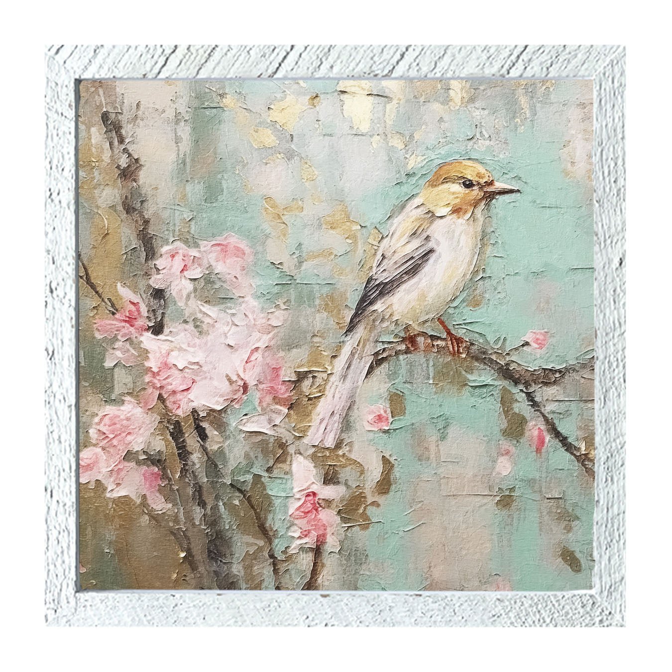 White-breasted bird on cherry blossom branch - Framed Art