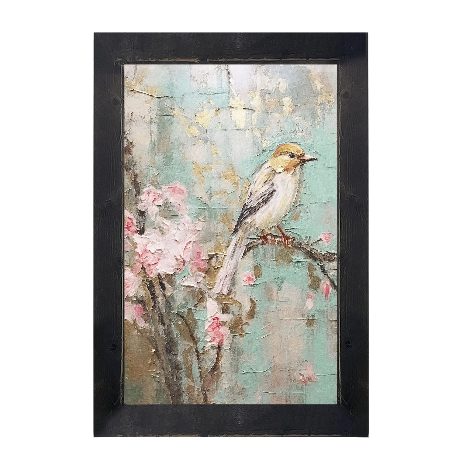 White-breasted bird on cherry blossom branch - Framed Art