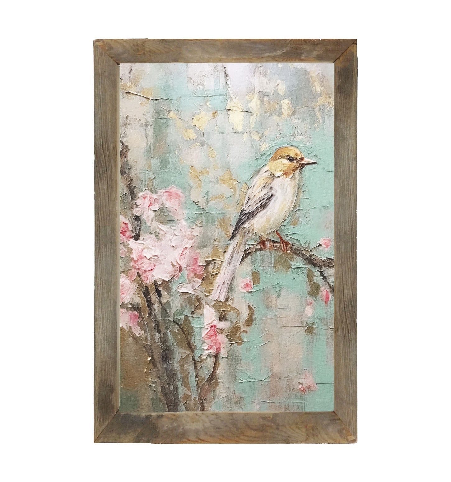 White-breasted bird on cherry blossom branch - Framed Art