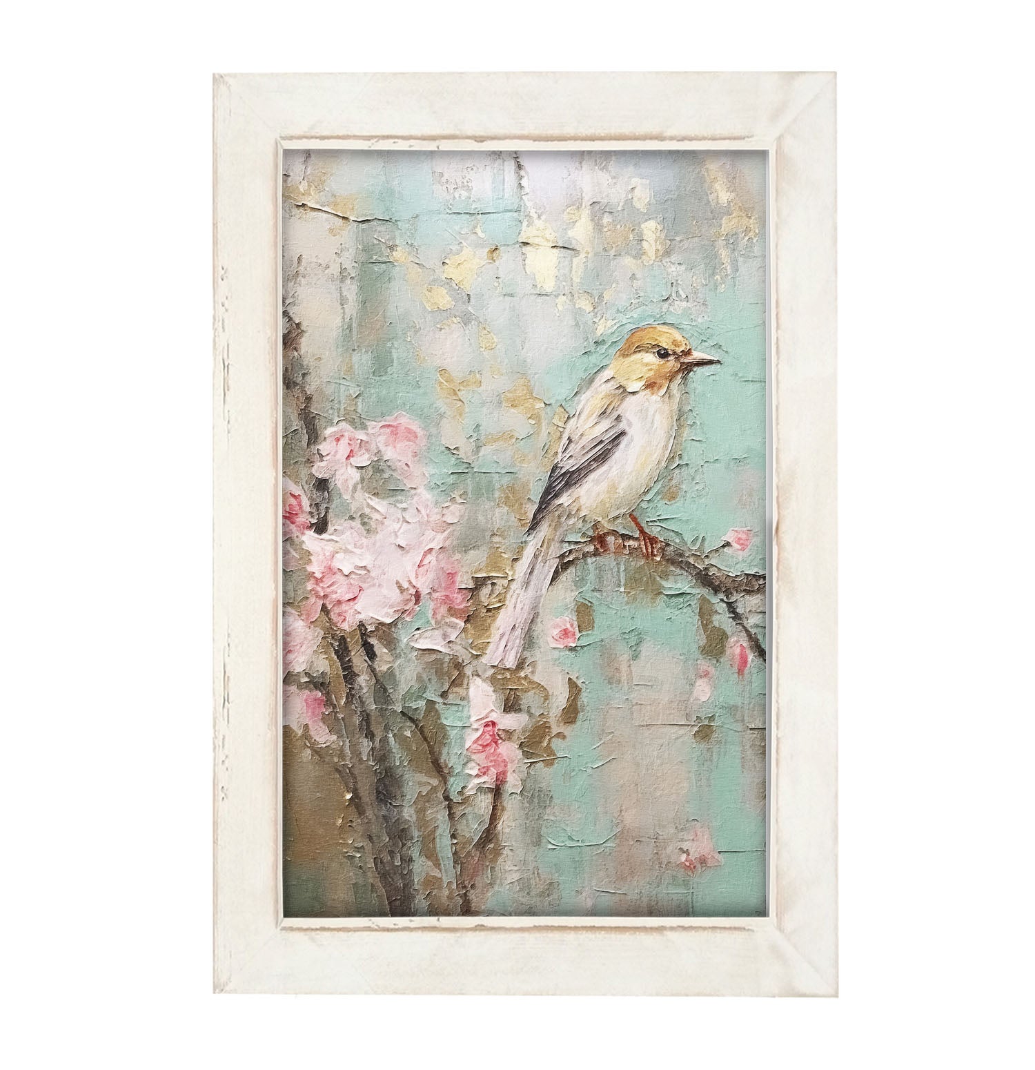 White-breasted bird on cherry blossom branch - Framed Art