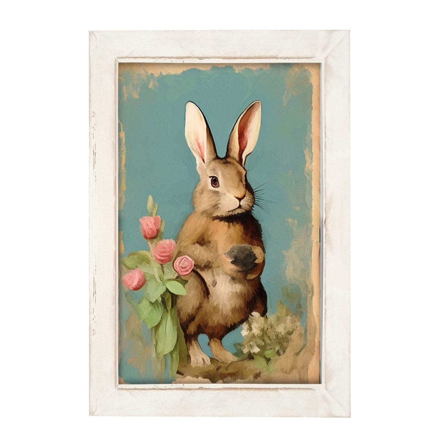 Pastel bunny with roses - Framed Art