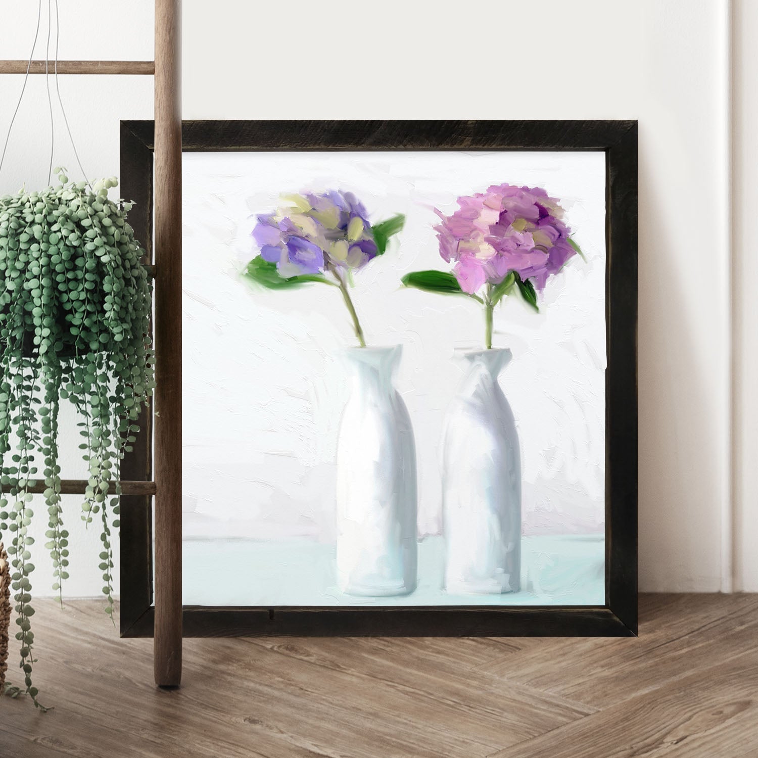 Purple Hydrangeas in White Vase