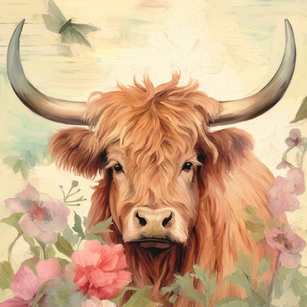 Brown Highland cow with flowers