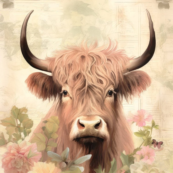 Tan Highland cow with flowers