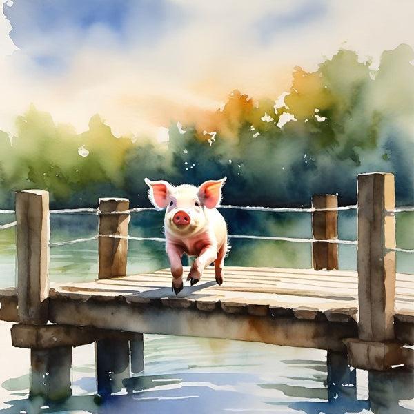 Pig jumping into lake