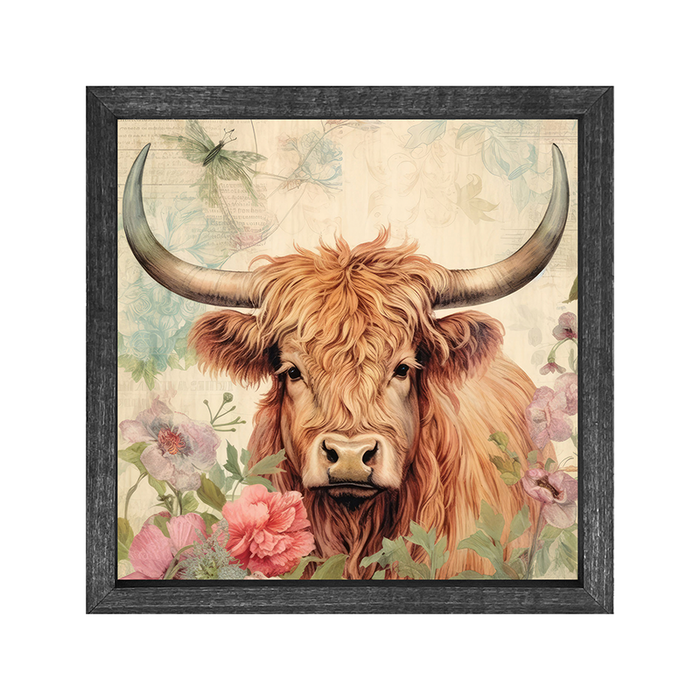 Brown Highland cow with flowers