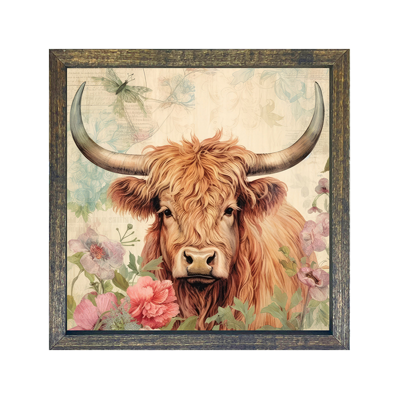 Brown Highland cow with flowers