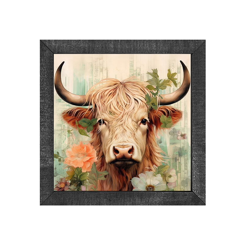 Brown and White Highland cow with flowers