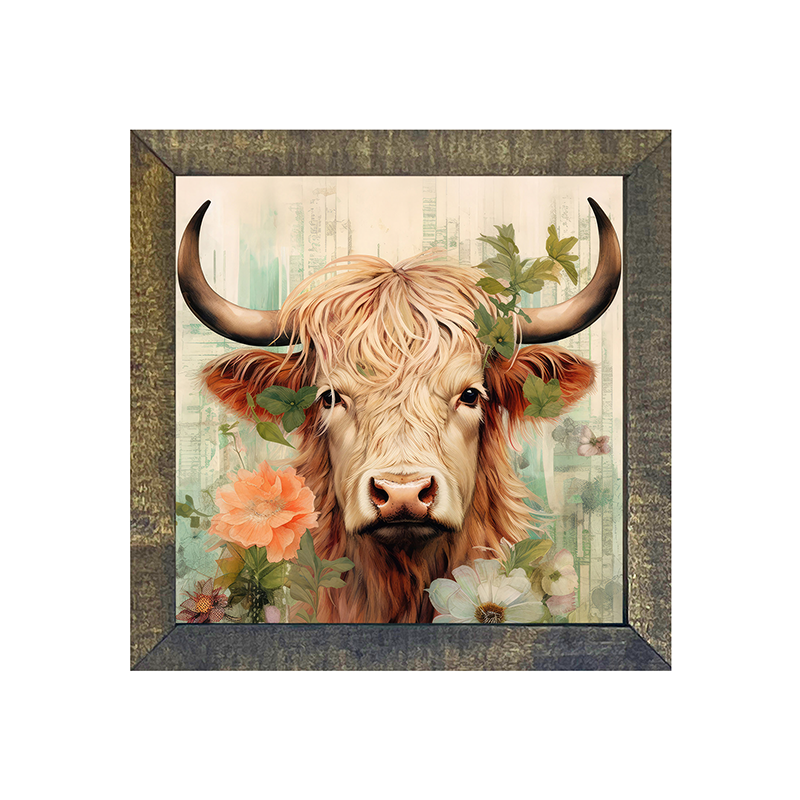 Brown and White Highland cow with flowers