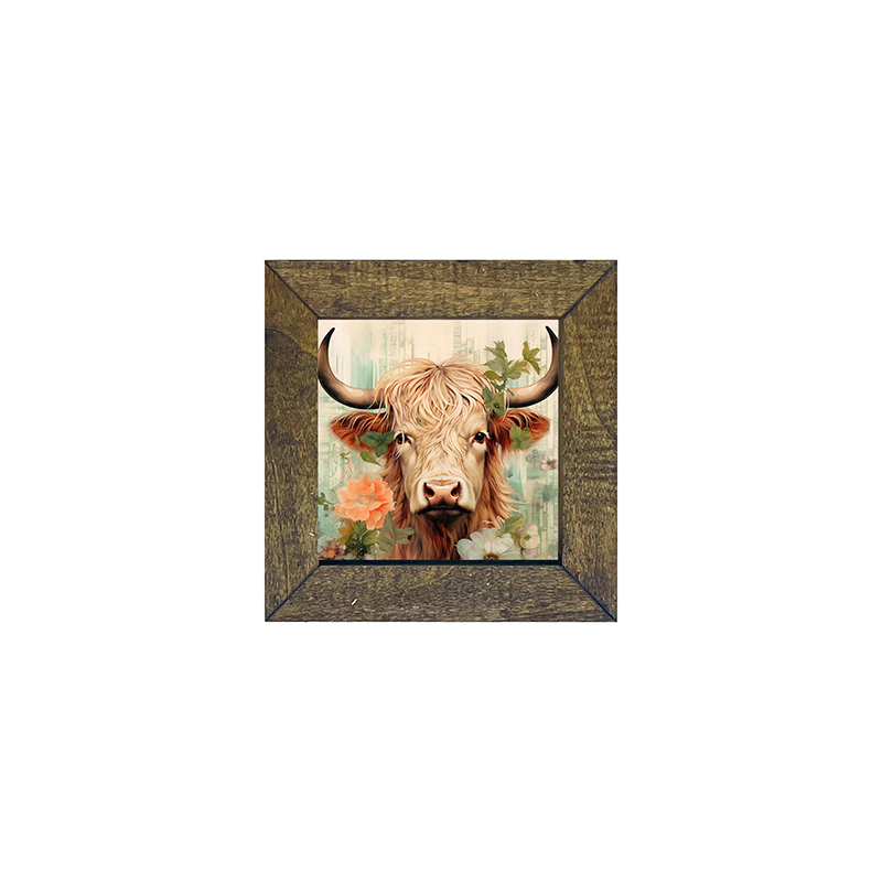 Brown and White Highland cow with flowers