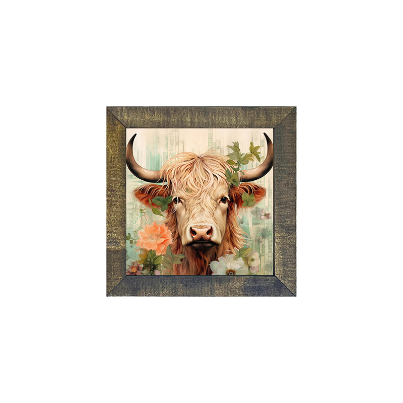 Brown and White Highland cow with flowers
