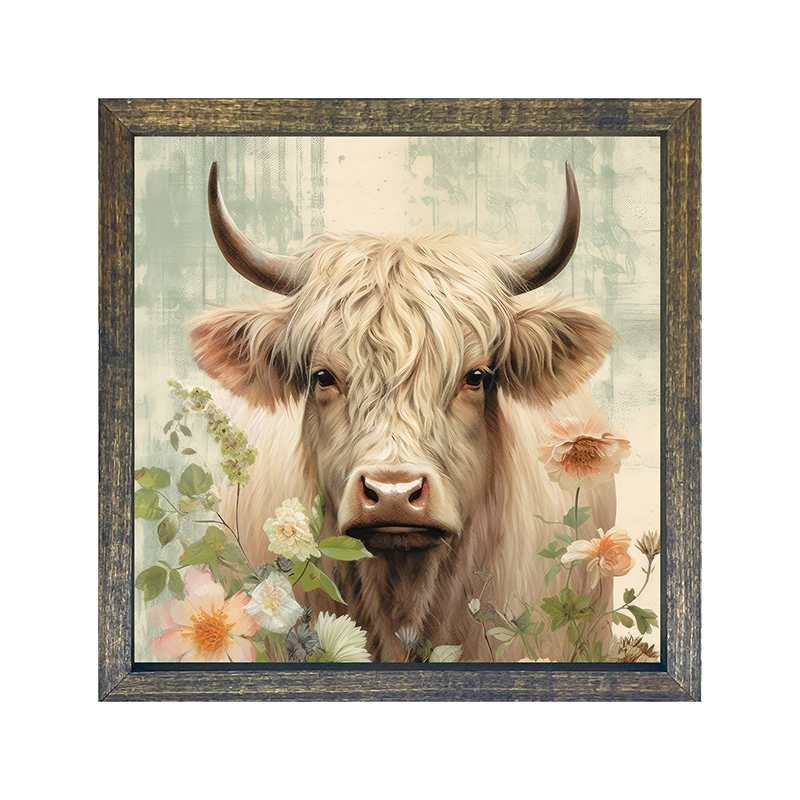 White Highland cow with flowers