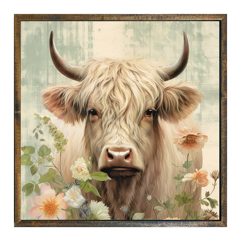 White Highland cow with flowers