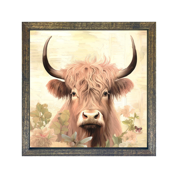 Tan Highland cow with flowers