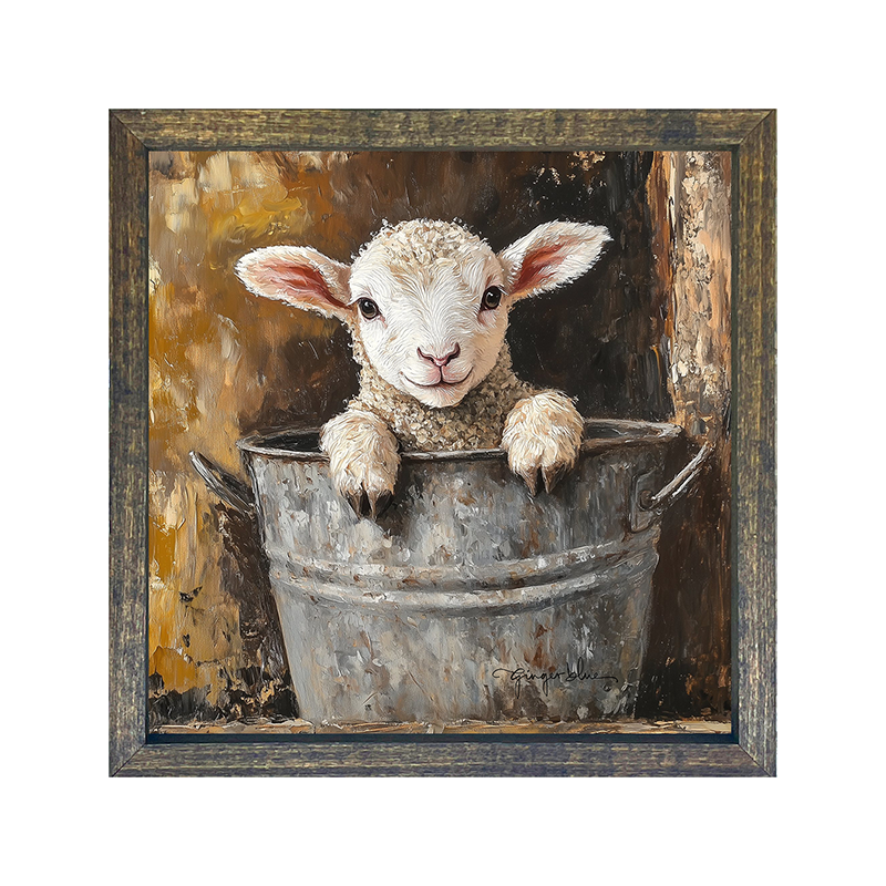 Baby Lamb in Metal Bucket