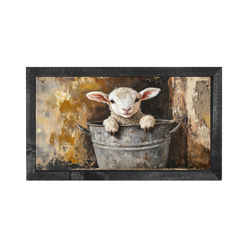 Baby Lamb in Metal Bucket - Horizontal Frame