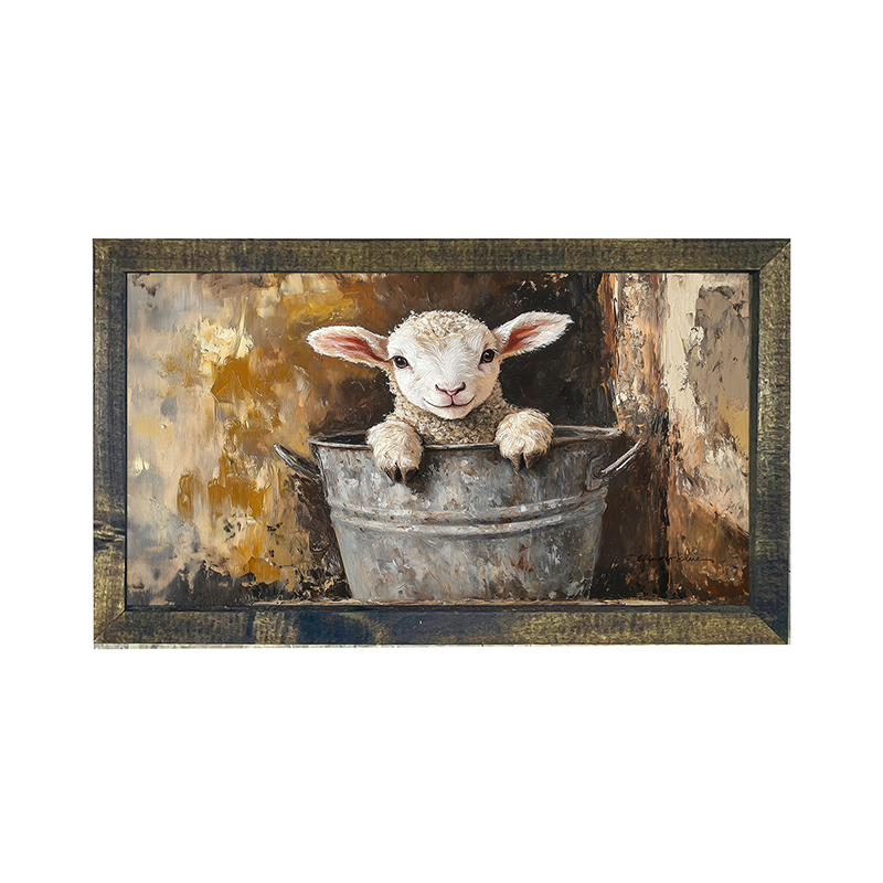 Baby Lamb in Metal Bucket - Horizontal Frame