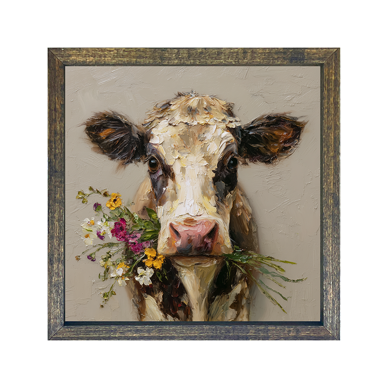 Spring Season Cow Holding Flowers