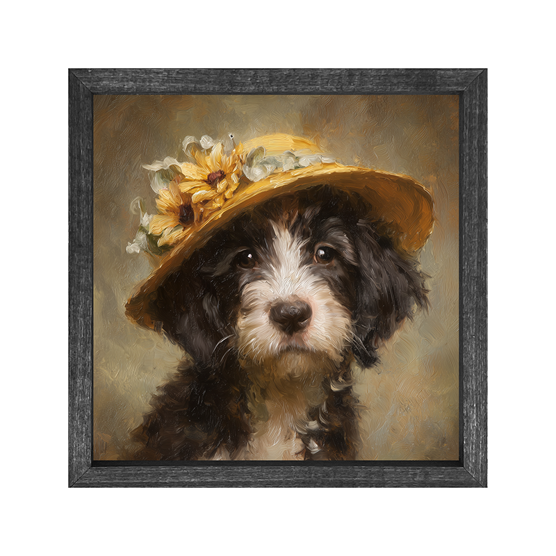 Dog in Yellow Floral Hat