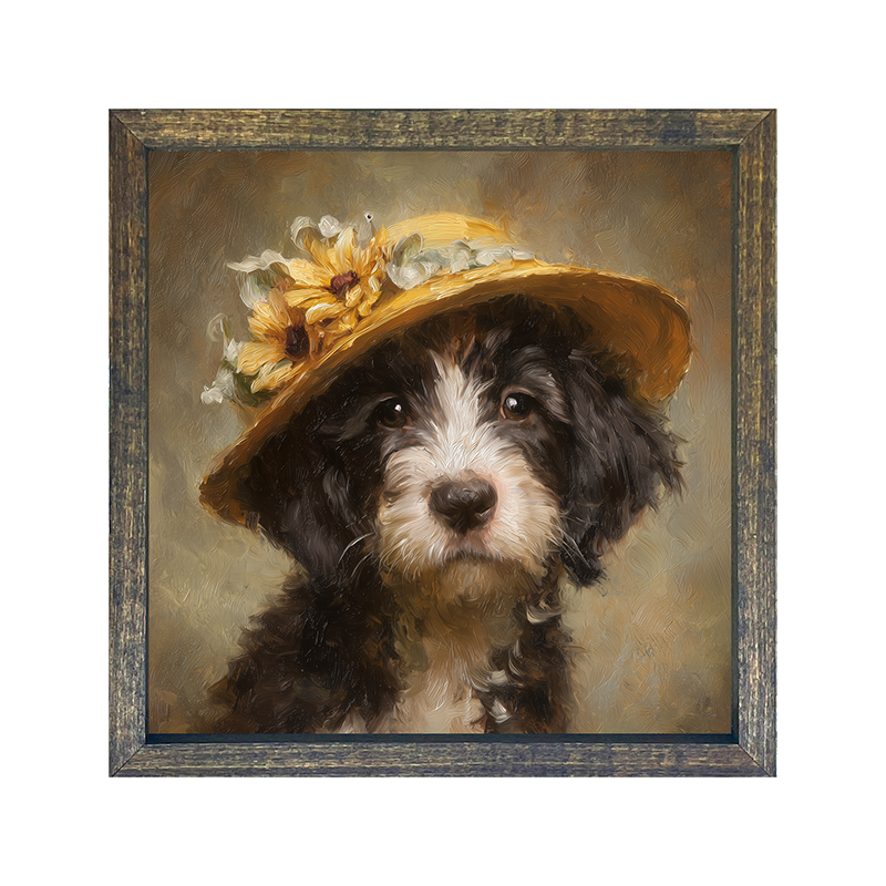 Dog in Yellow Floral Hat