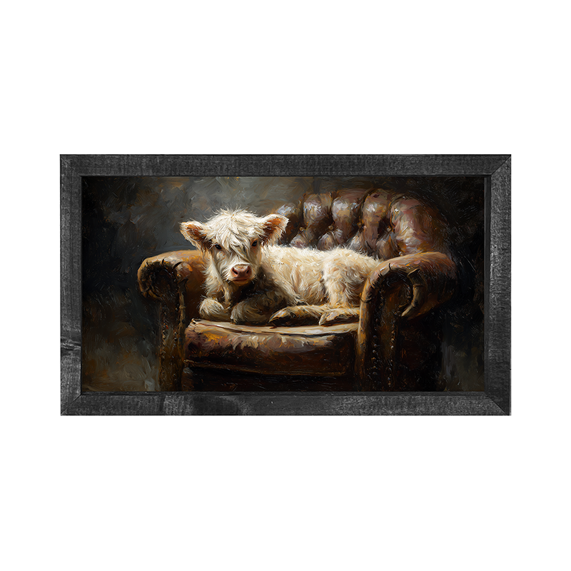 Armchair with White Highland Cow - Horizontal Frame