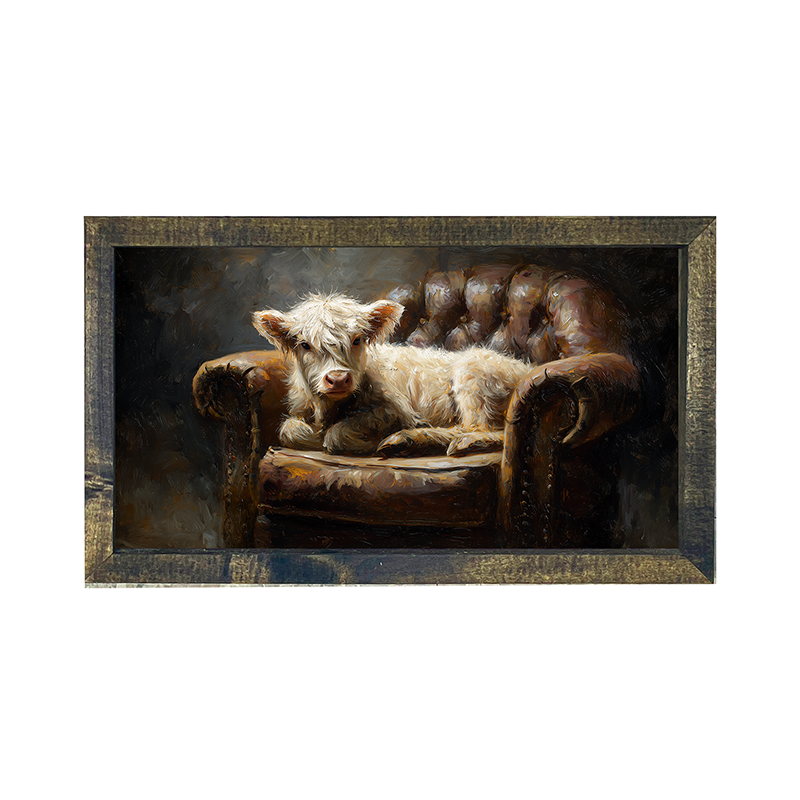 Armchair with White Highland Cow - Horizontal Frame