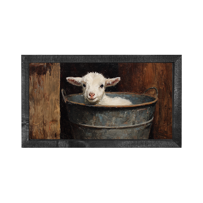 Metal Bucket with Resting Lamb  - Horizontal Frame