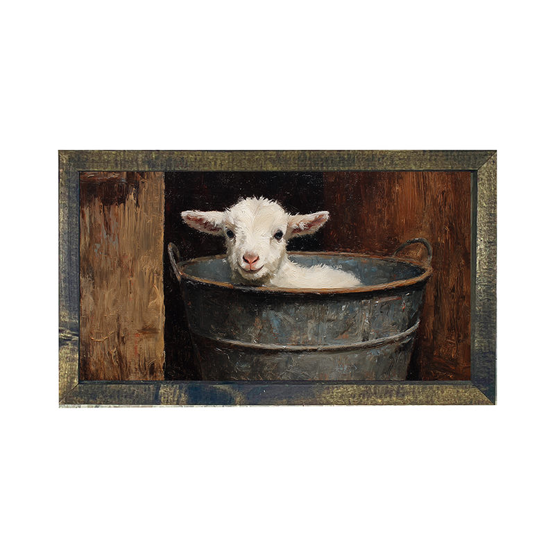 Metal Bucket with Resting Lamb  - Horizontal Frame