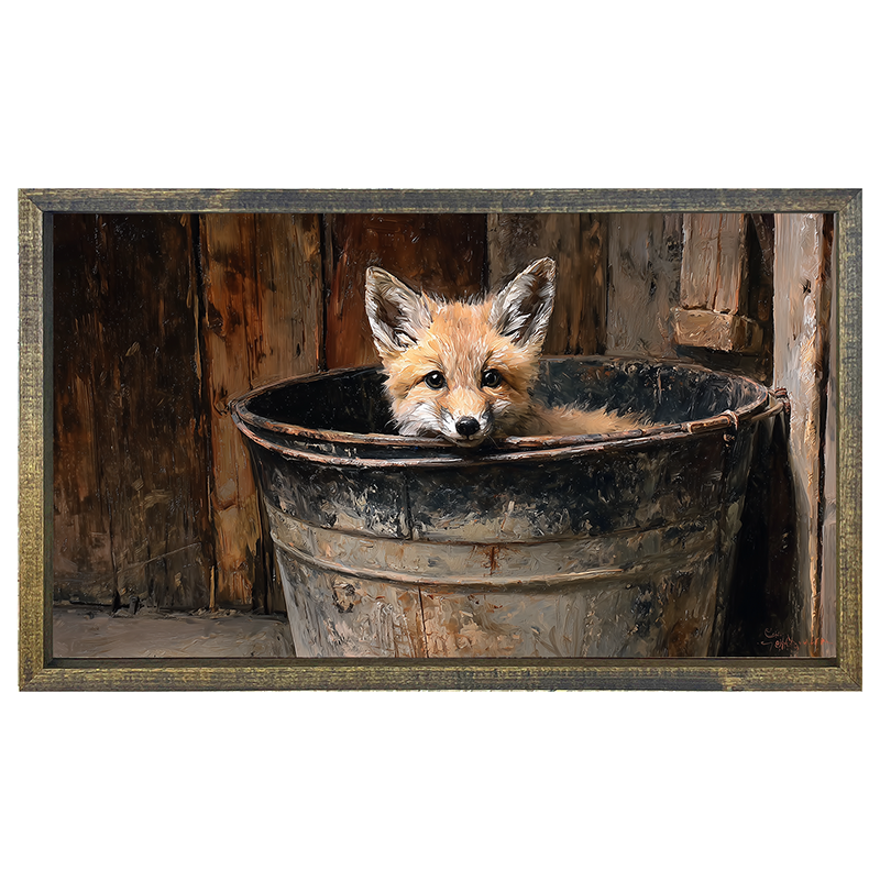 Metal Bucket with Baby Fox - Horizontal Frame