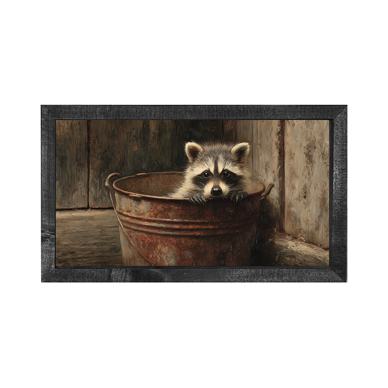 Metal Bucket with Baby Racoon - Horizontal Frame