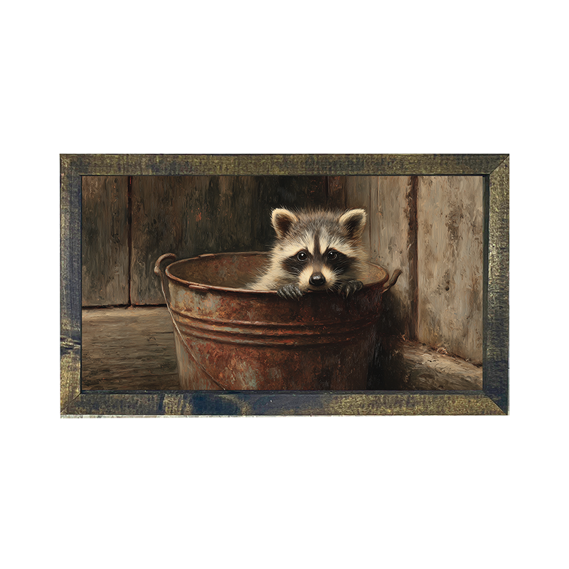 Metal Bucket with Baby Racoon - Horizontal Frame