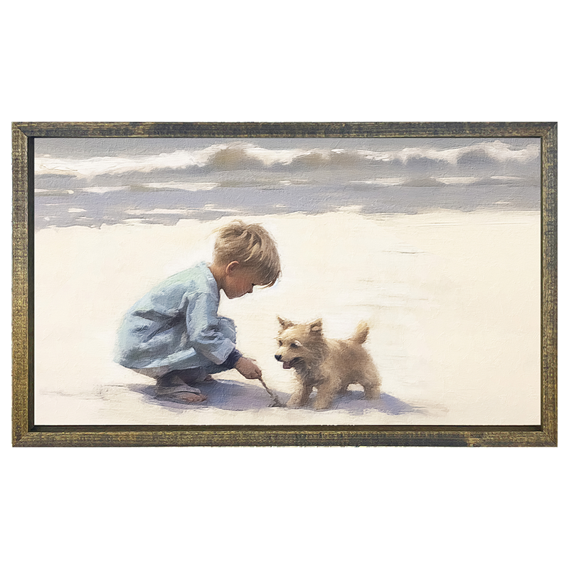 Boy with dog on beach-Horizontal