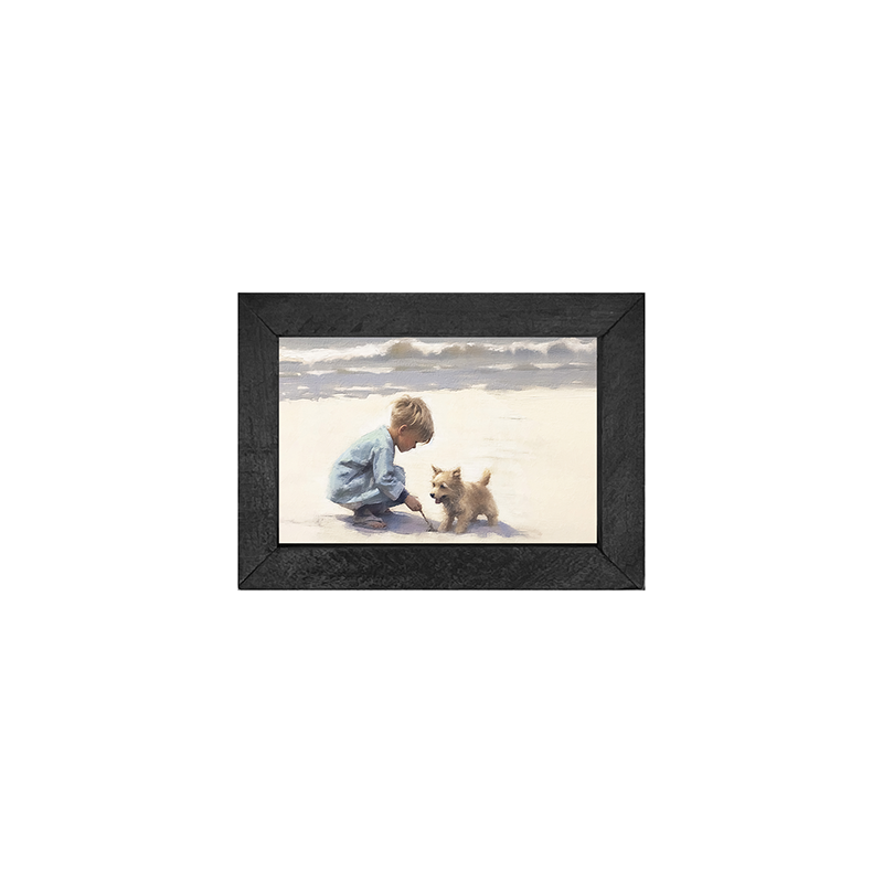 Boy with dog on beach-Horizontal
