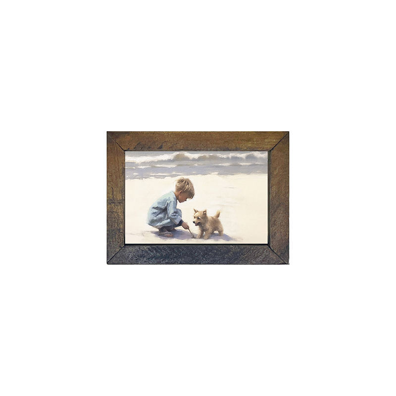 Boy with dog on beach-Horizontal