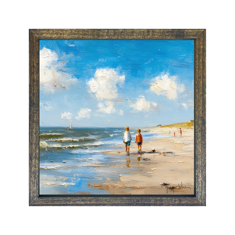 Children walking along the shore