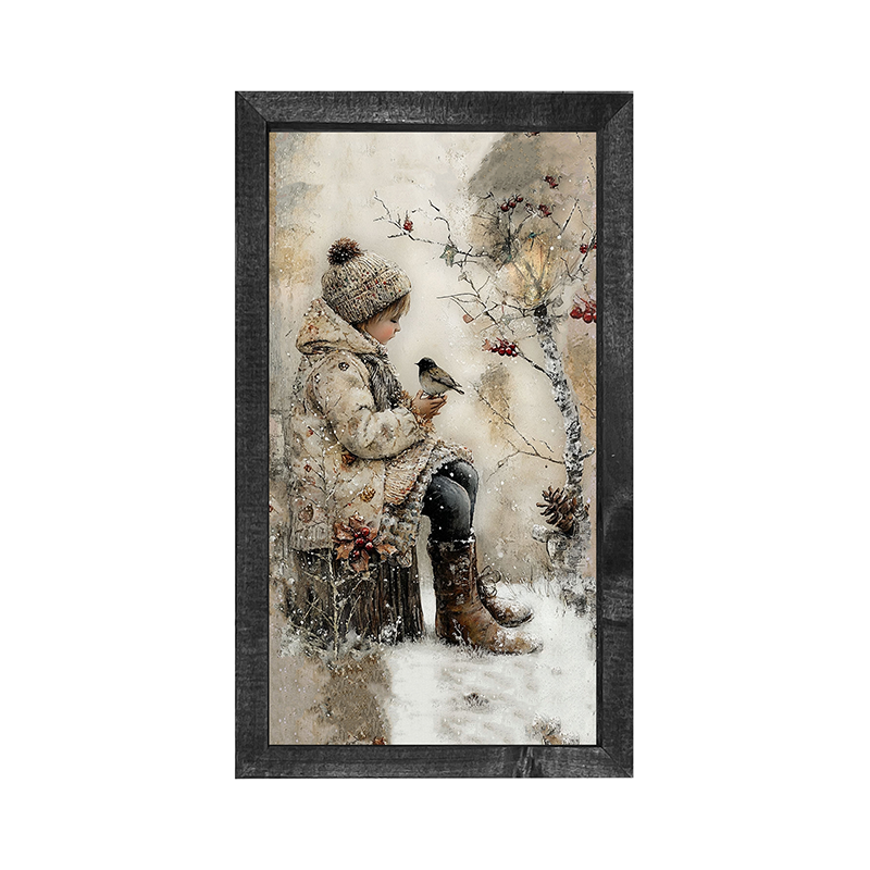 Winter Girl with bird - Vertical Frame