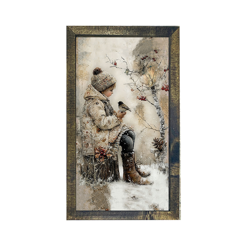 Winter Girl with bird - Vertical Frame