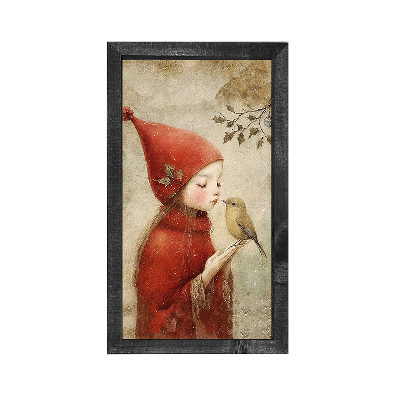 Christmas girl with bird - Vertical Frame