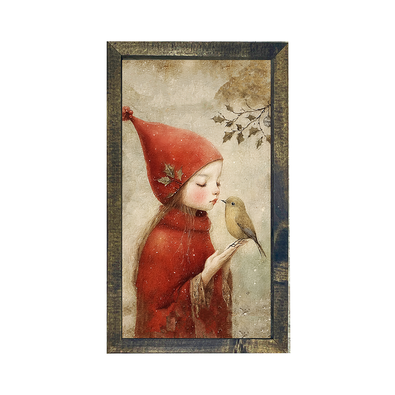 Christmas girl with bird - Vertical Frame