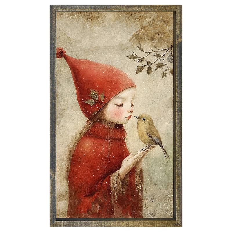 Christmas girl with bird - Vertical Frame