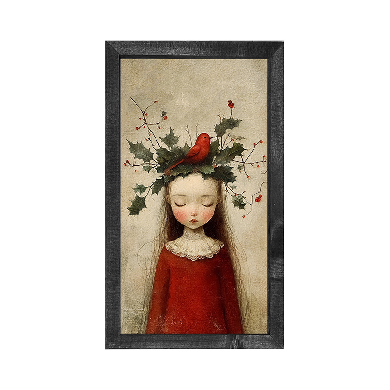Christmas Girl with Cardinal - Vertical Frame