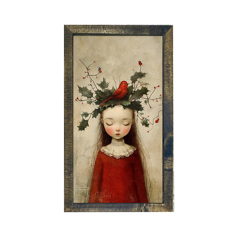 Christmas Girl with Cardinal - Vertical Frame